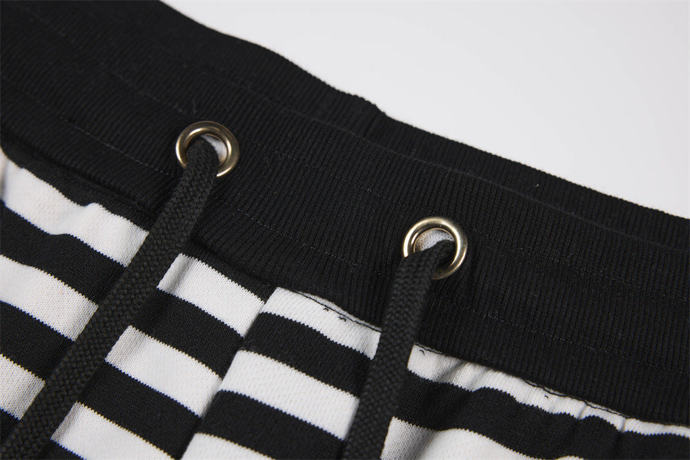 Black & White Striped Wide-Leg Pants with Drawstring Waist