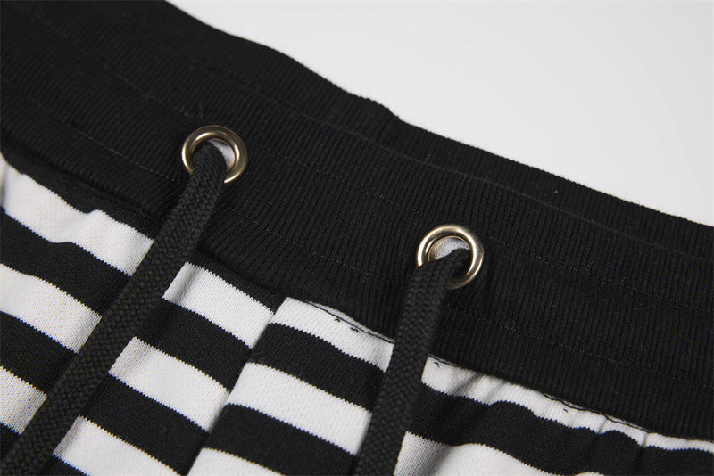 Black & White Striped Wide-Leg Pants with Drawstring Waist