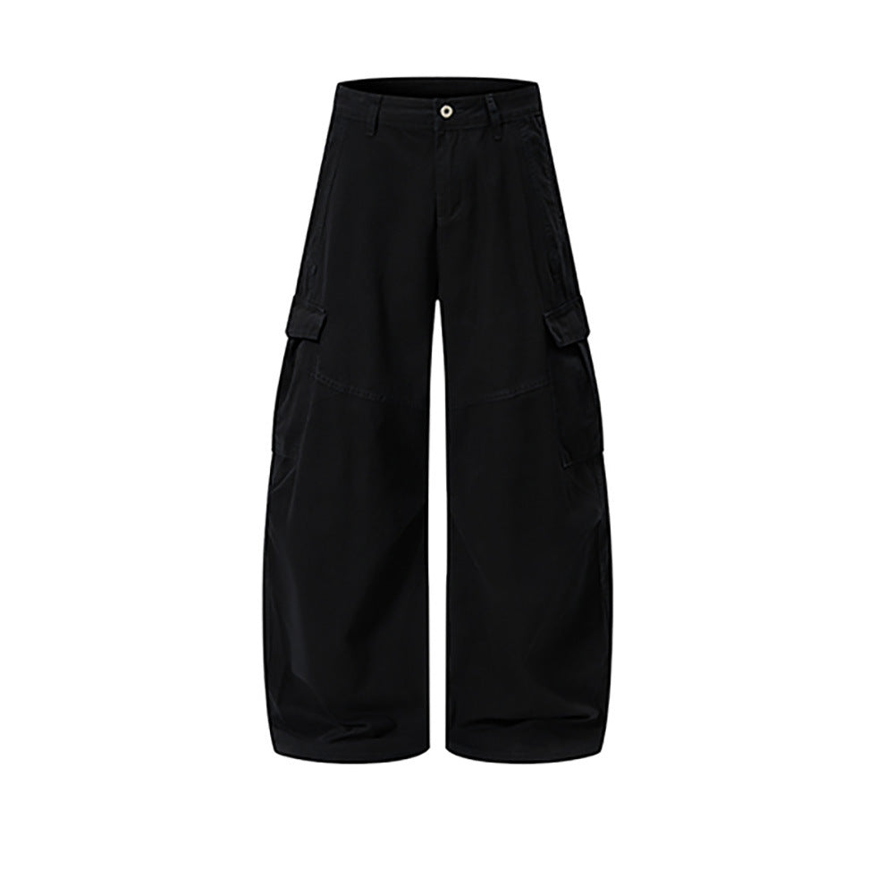 Black wide-leg cargo pants with side flap pockets, front view