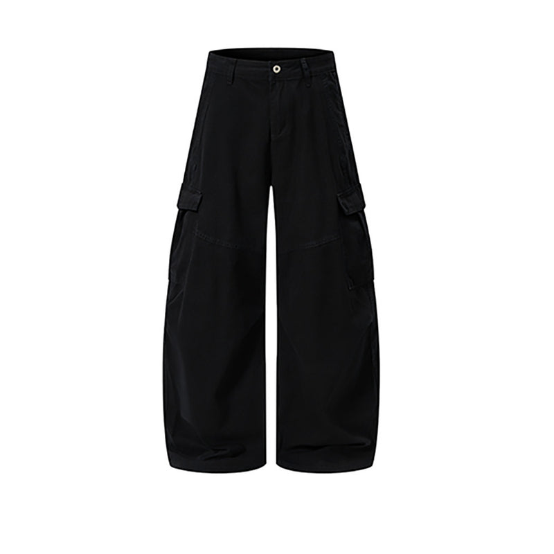 Black wide-leg cargo pants with side flap pockets, front view