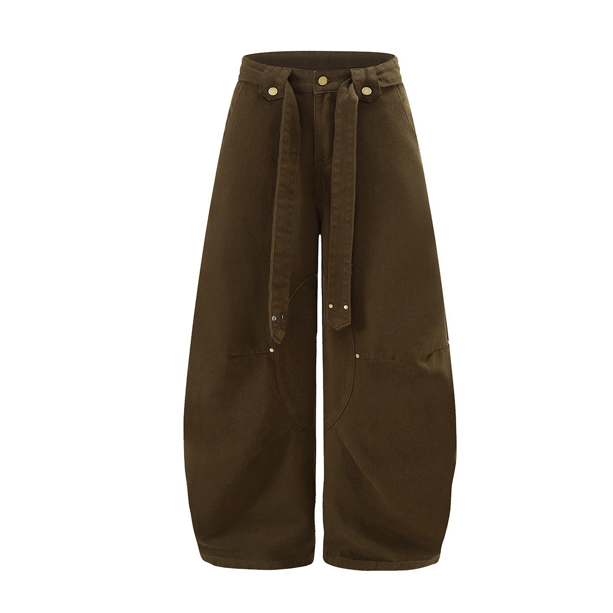 Wide-leg barrel trousers with attached belt strap and brass snap hardware in olive brown, front view