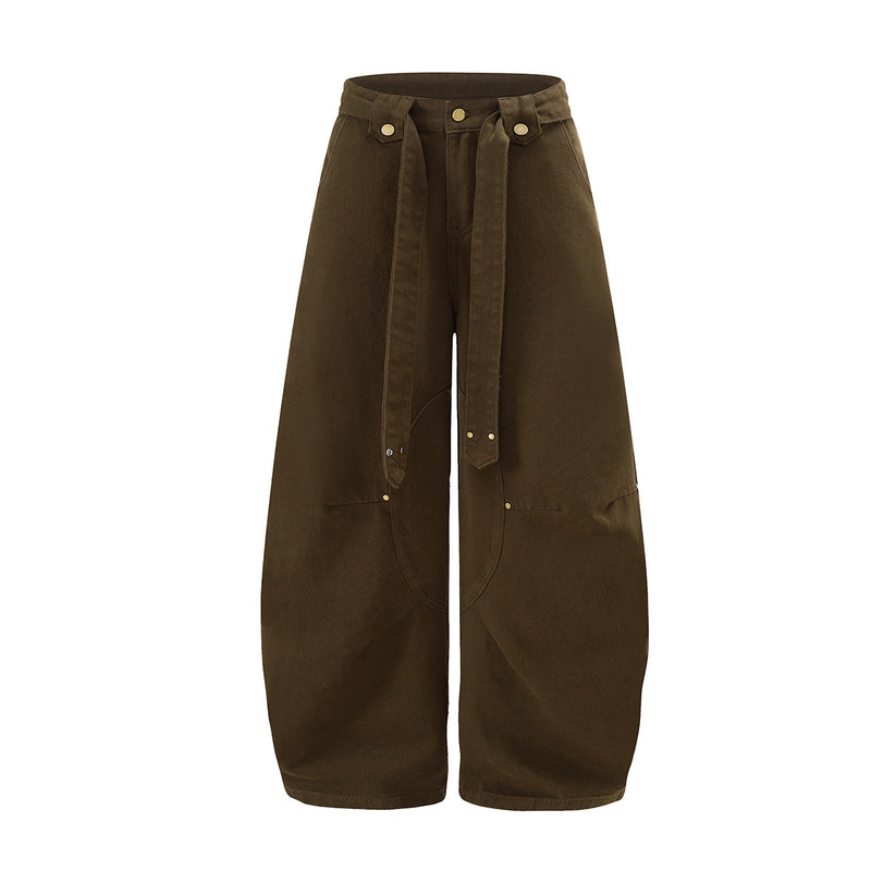 Wide-leg barrel trousers with attached belt strap and brass snap hardware in olive brown, front view