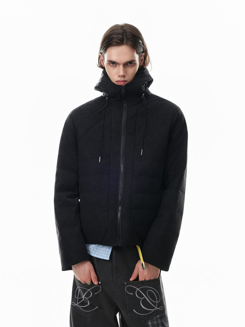 Hooded Quilted Puffer Jacket – Ribbed Panel Down Coat in Olive & Black