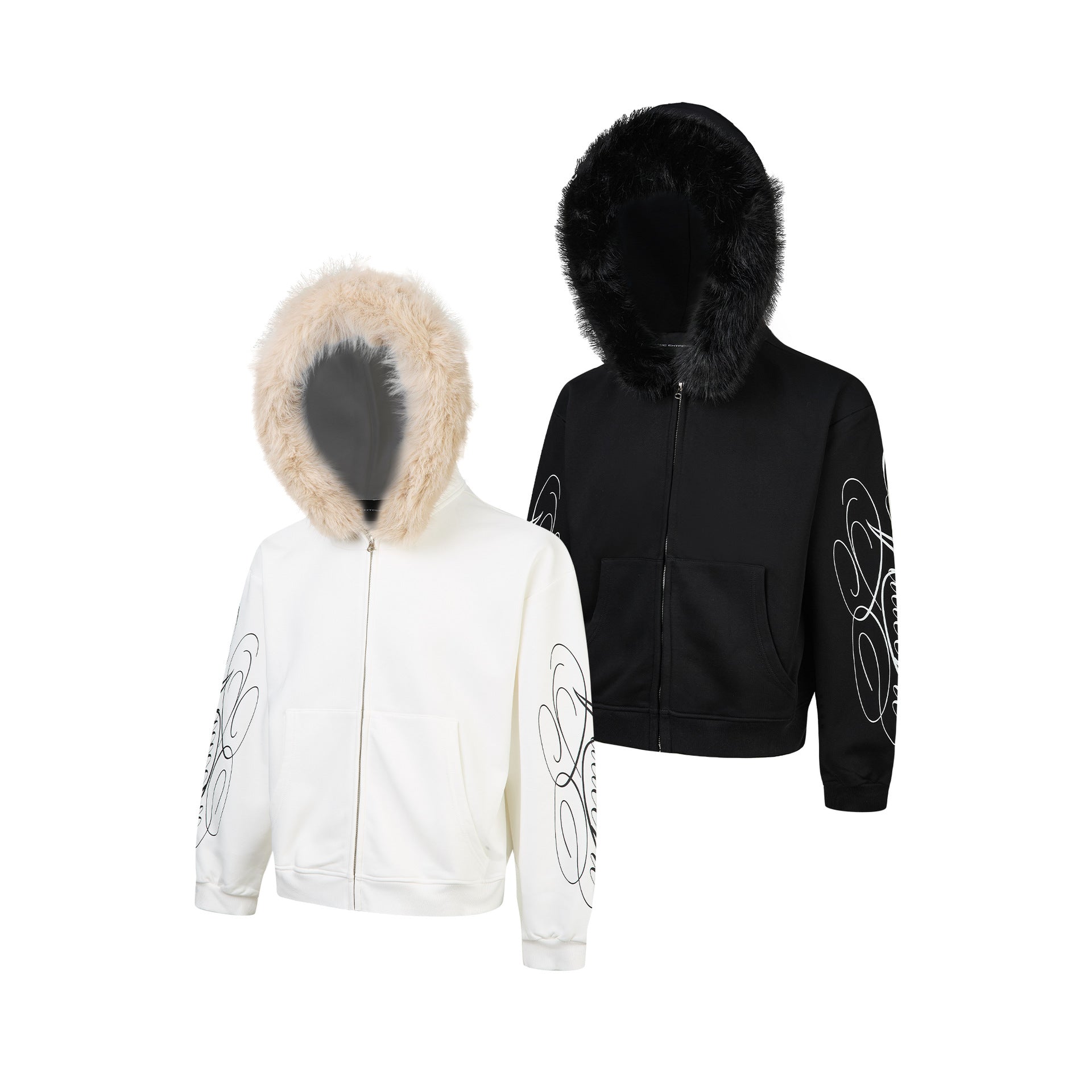 Sweat à capuche zippé avec bordure en fausse fourrure et imprimé script sur les manches