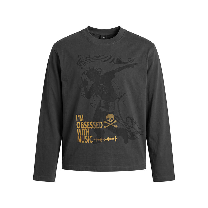Herren-Langarmshirt mit Rundhalsausschnitt in Anthrazitgrau, Punkrock-Silhouette, Musiknoten und goldenem Totenkopf-Grafikprint