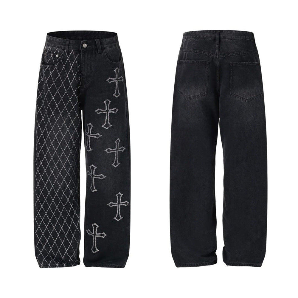 Men's wide leg jeans with rhinestone cross motifs and argyle diamond rhinestone grid on black denim, front and back view