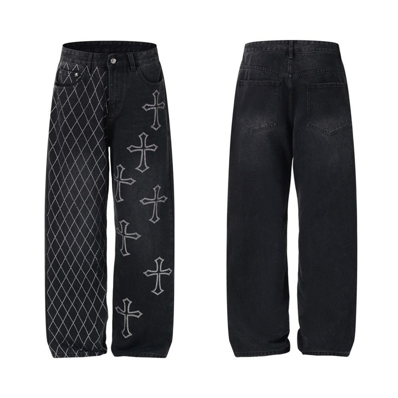 Men's wide leg jeans with rhinestone cross motifs and argyle diamond rhinestone grid on black denim, front and back view