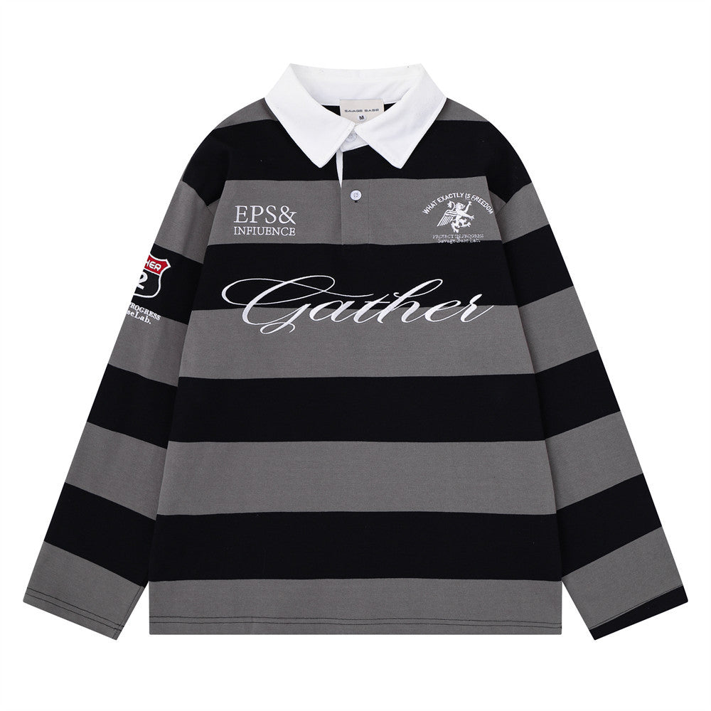Striped Rugby Polo Shirt – Long Sleeve Color-Block Oversized Fit with Letter