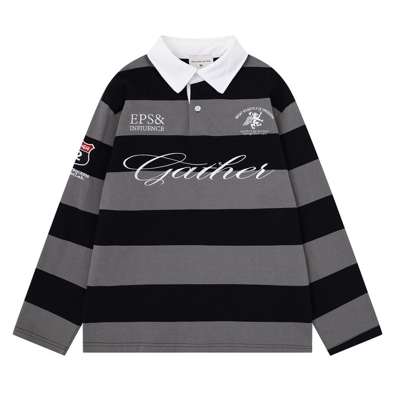 Striped Rugby Polo Shirt – Long Sleeve Color-Block Oversized Fit with Letter