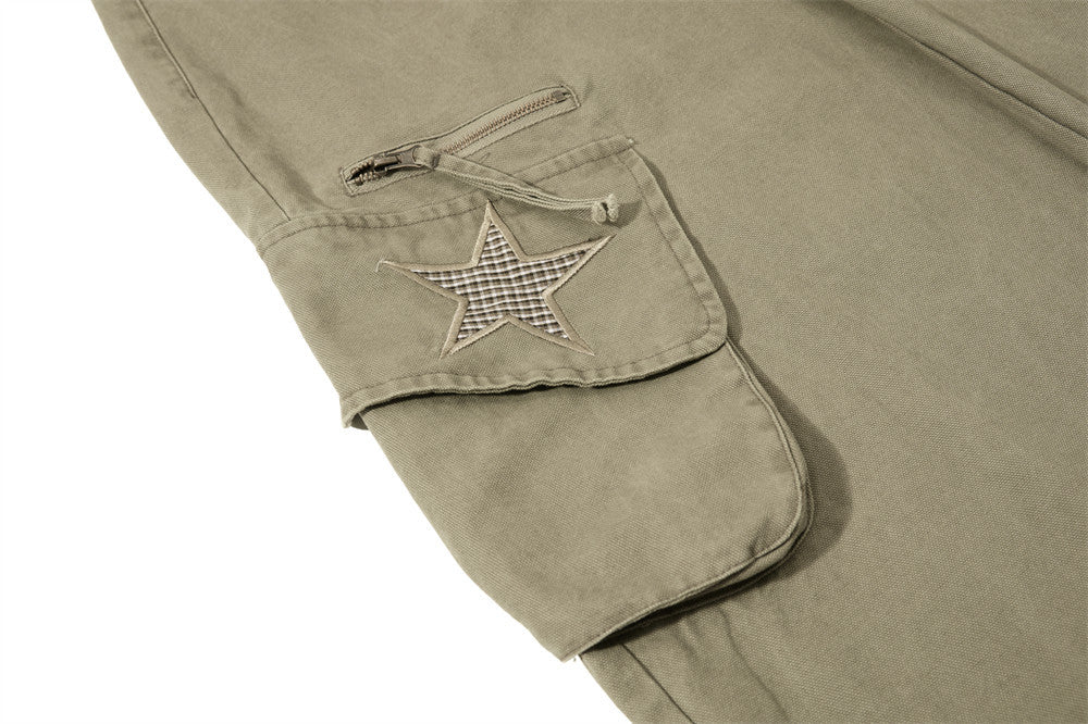 Wide-Leg Cargo Pants – Star Patch, Plaid Detail & Multi-Pocket Baggy Fit