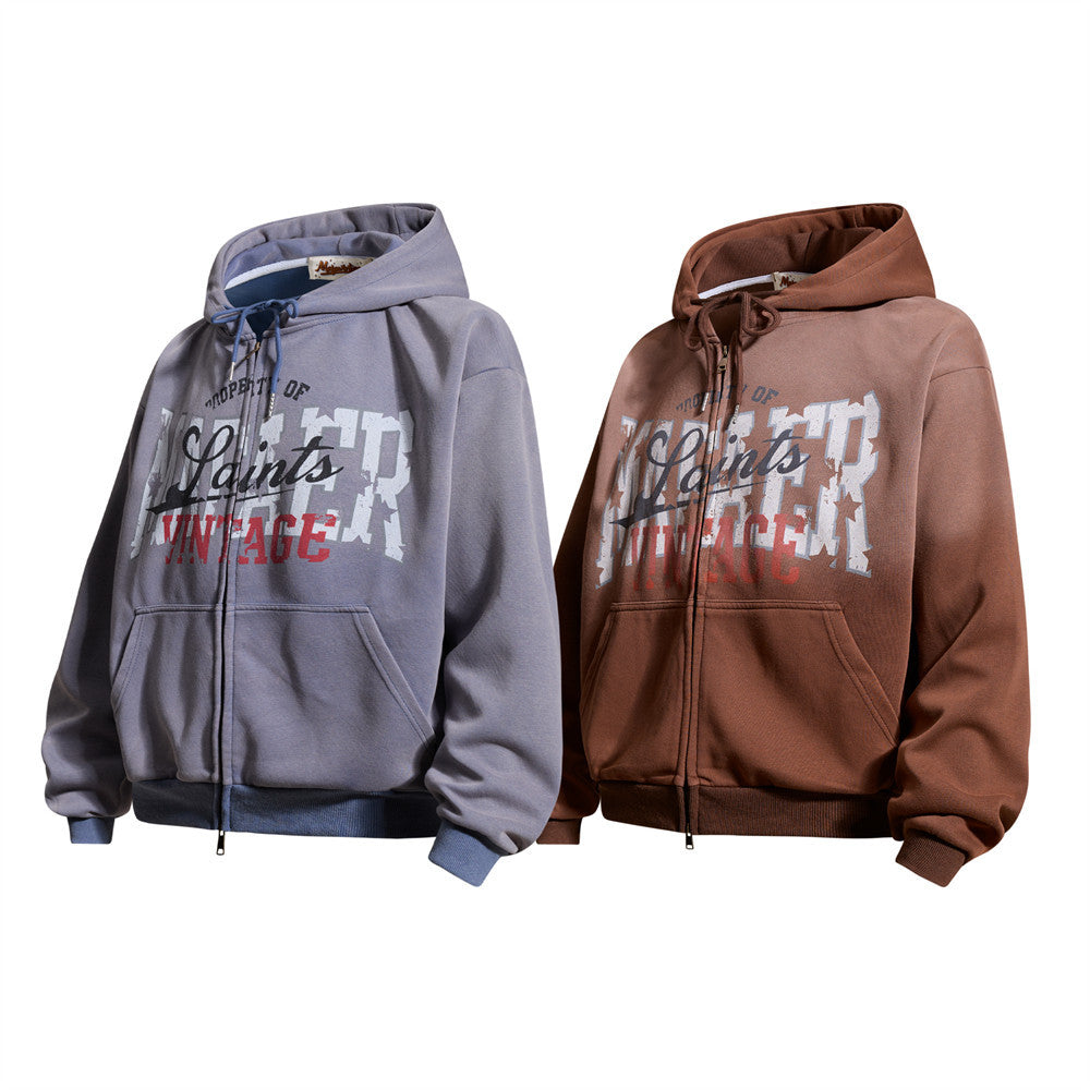 Vintage Graphic Zip-Up Hoodie – Distressed Letter Print, Spray-Dyed Oversized