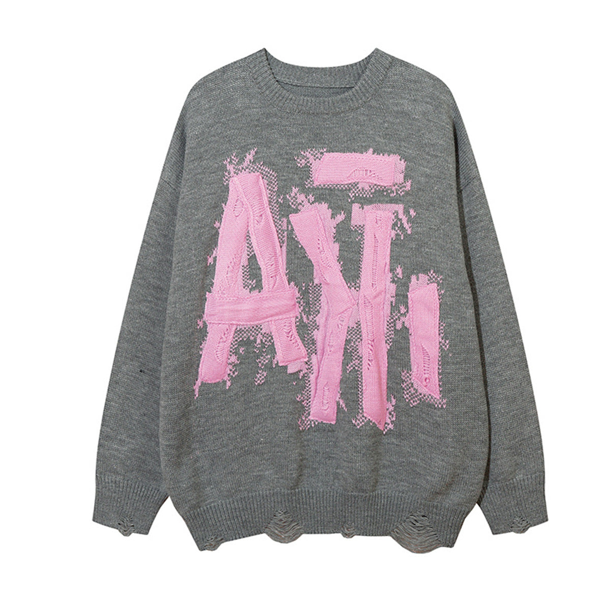 Oversized distressed knit crewneck sweater with pink graffiti letter appliqué on grey background