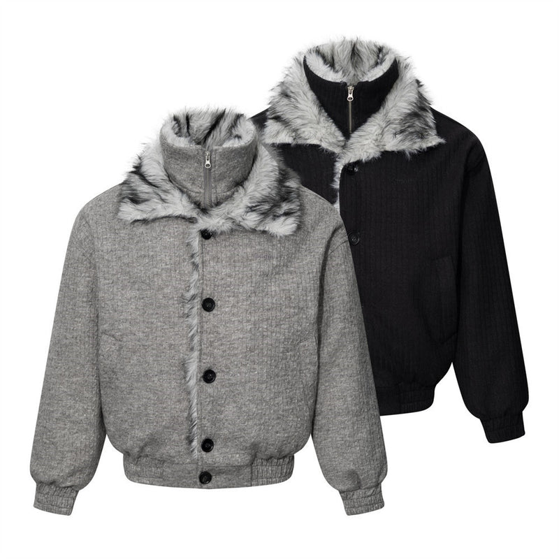 Men's Faux Fur Collar Double-Layer Knit Bomber Jacket