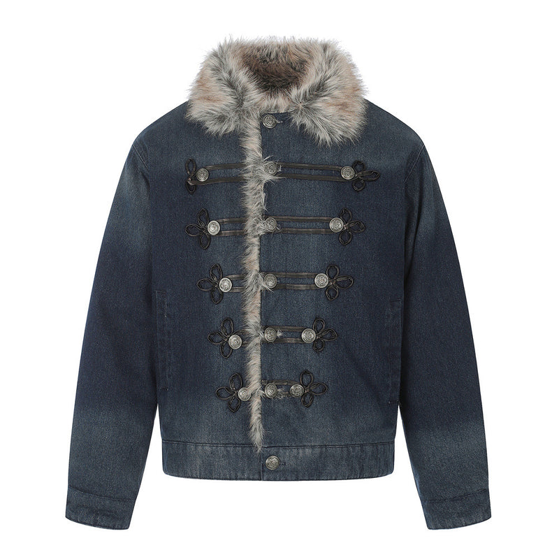 Men's Denim Jacket with Faux Fur Collar & Military Frog Button Closure