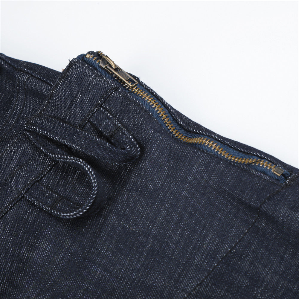 Wide-Leg Jeans with Irregular Spliced Waistband and Double Pleats