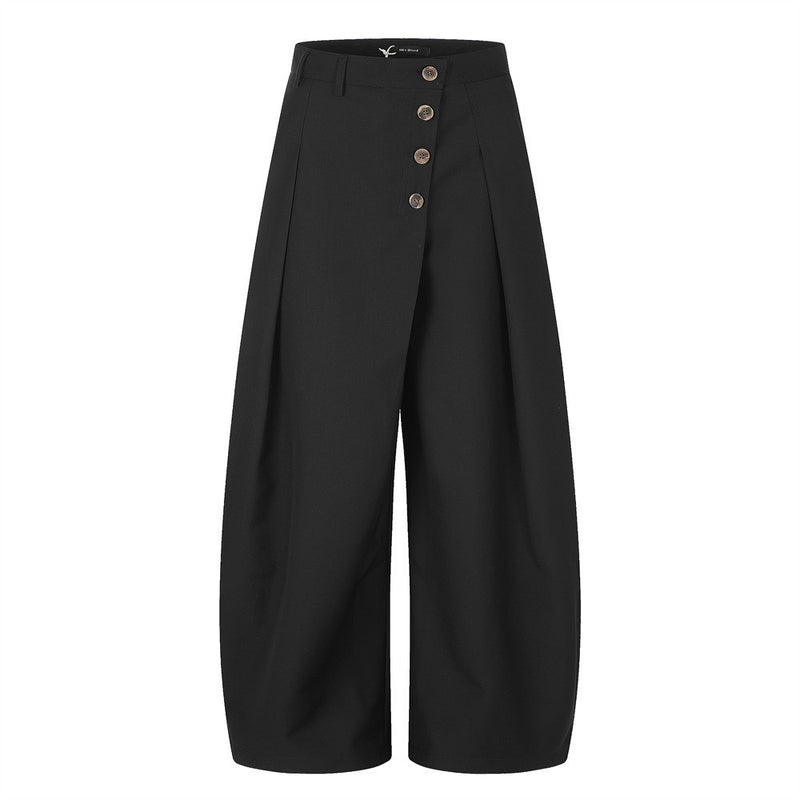 Wide-Leg Pleated Trousers with Diagonal Button Fly