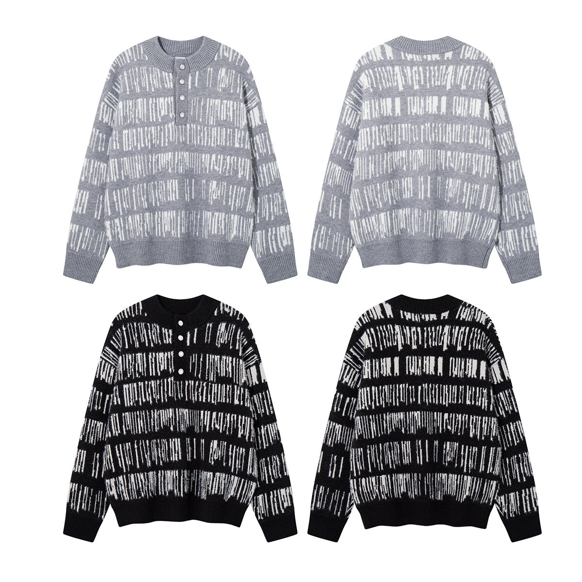 Abstract Stripe Jacquard Knit Sweater – Henley Neck, Oversized Fit