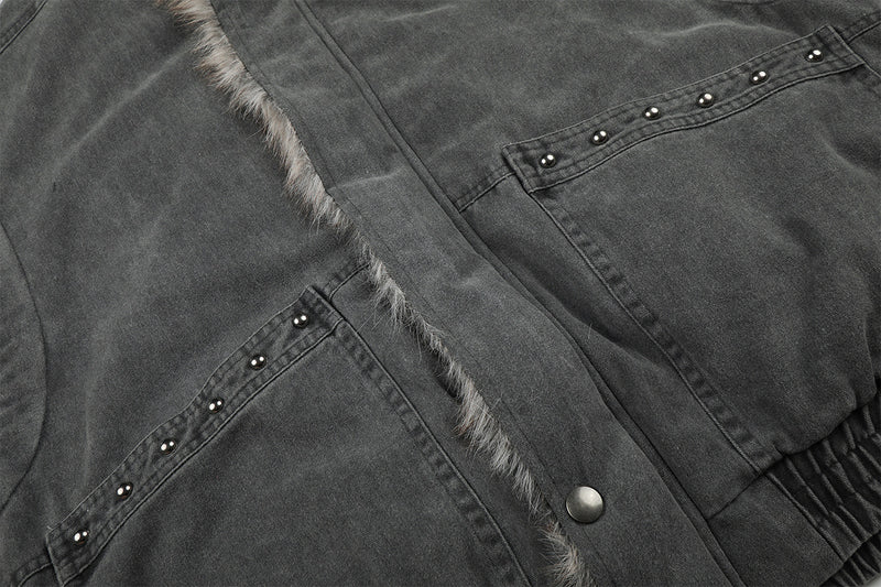 Faux Fur Collar Padded Bomber Jacket – Oversized Cotton Shell