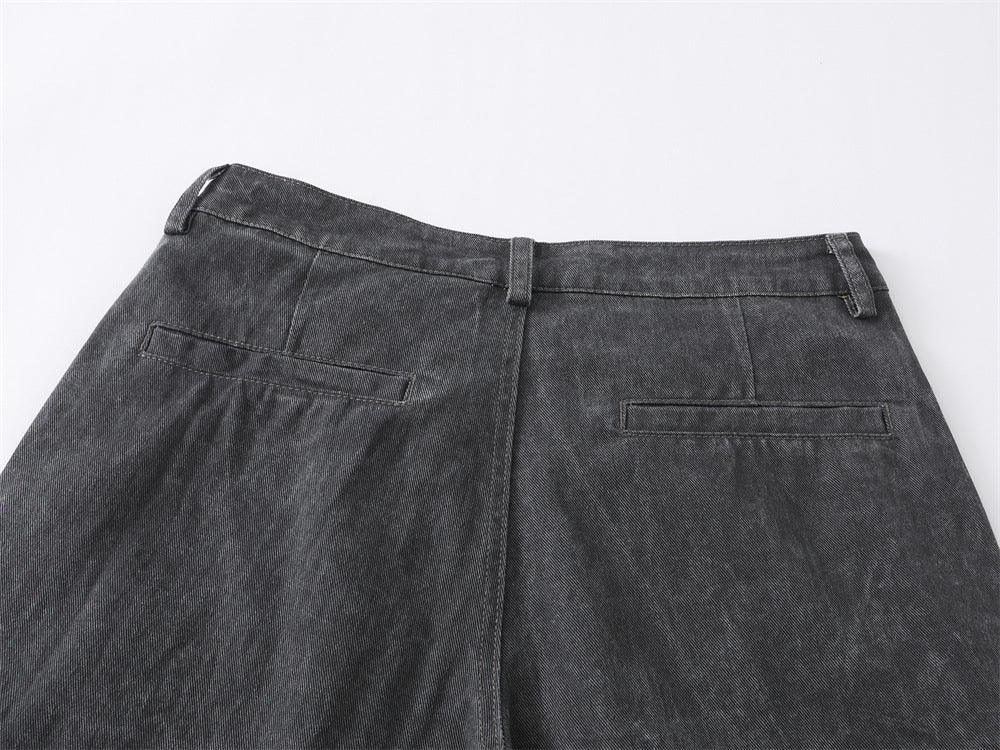 Wide-Leg Washed Denim Jeans – Relaxed High-Street Pleated Trousers