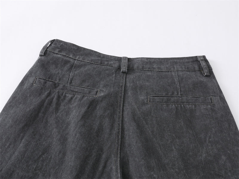 Wide-Leg Washed Denim Jeans – Relaxed High-Street Pleated Trousers