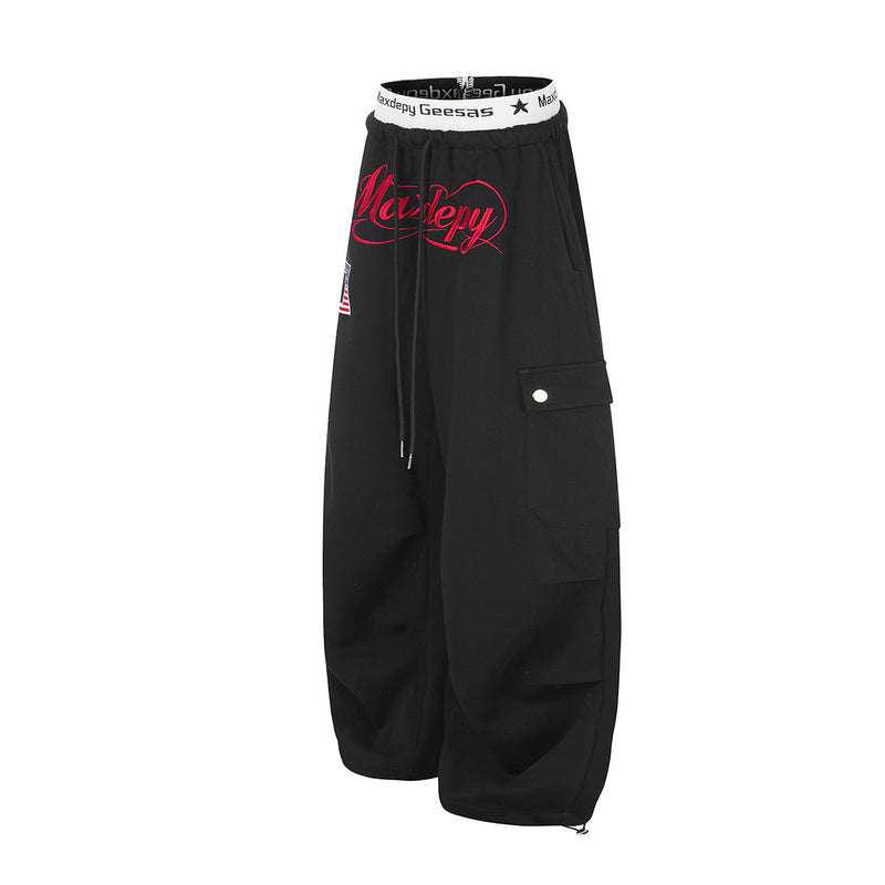Pantalon cargo de survêtement coupe ample, jambes larges, graphique brodé, baggy