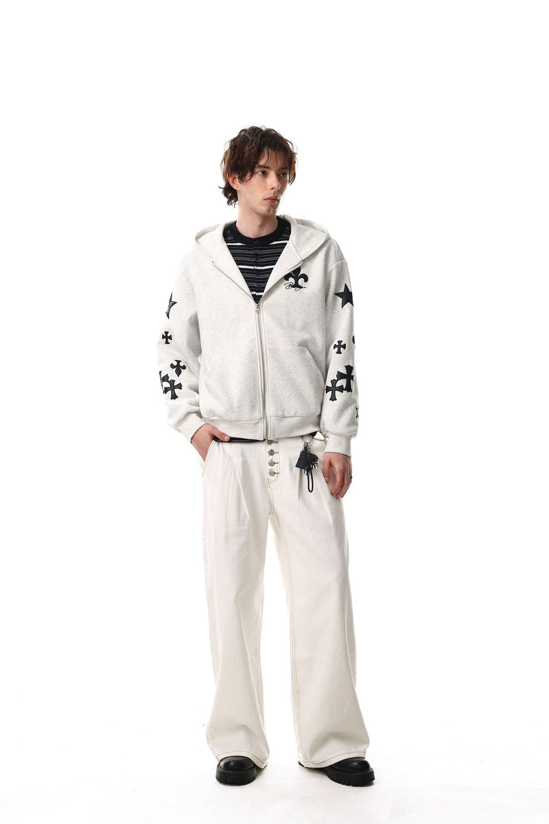 Sudadera con cremallera estampada con cruces y flor de lis – Cárdigan oversize vintage estadounidense