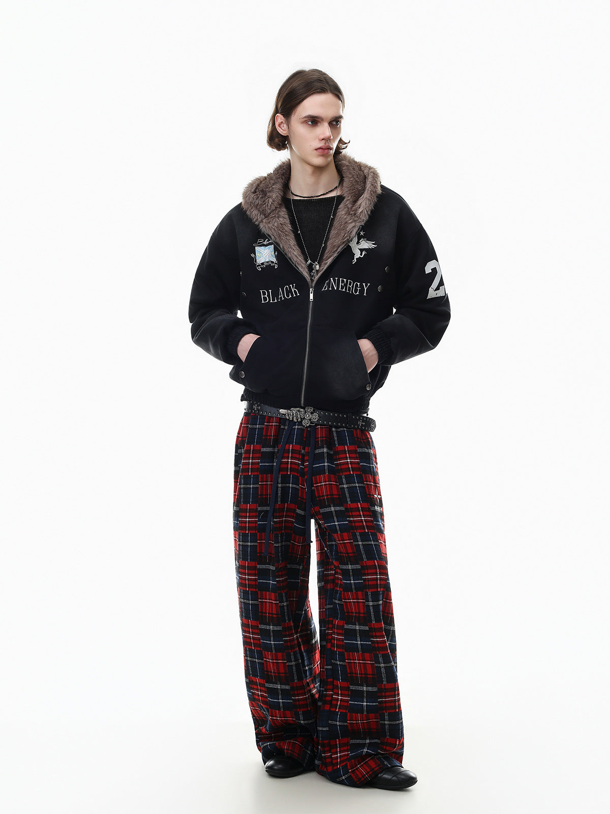 Black Energy Faux Fur-Lined Hooded Bomber Jacket – Washed Fleece Winter Coat