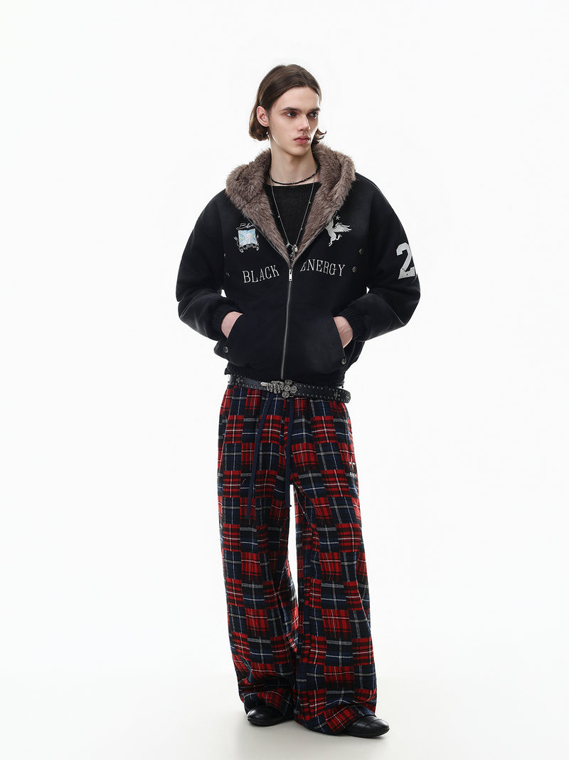 Black Energy Faux Fur-Lined Hooded Bomber Jacket – Washed Fleece Winter Coat