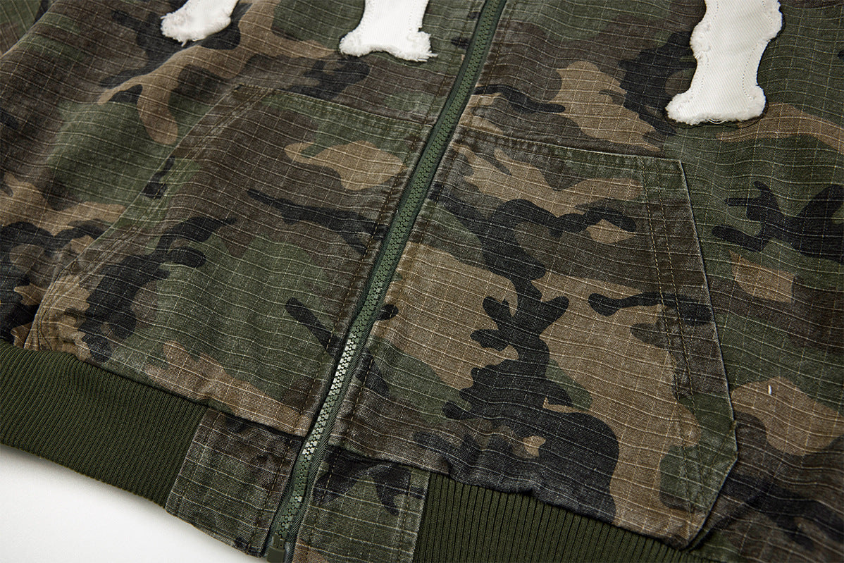 Camo NY Zip-Up Hoodie Jacket with Chenille Patch Letters