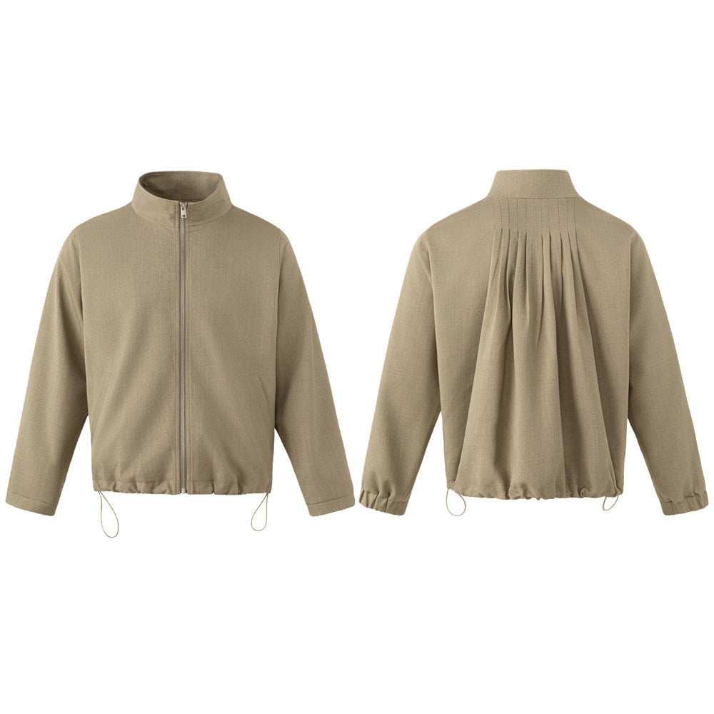 Men's khaki stand collar zip jacket with pleated back panel and drawstring hem, front and back view