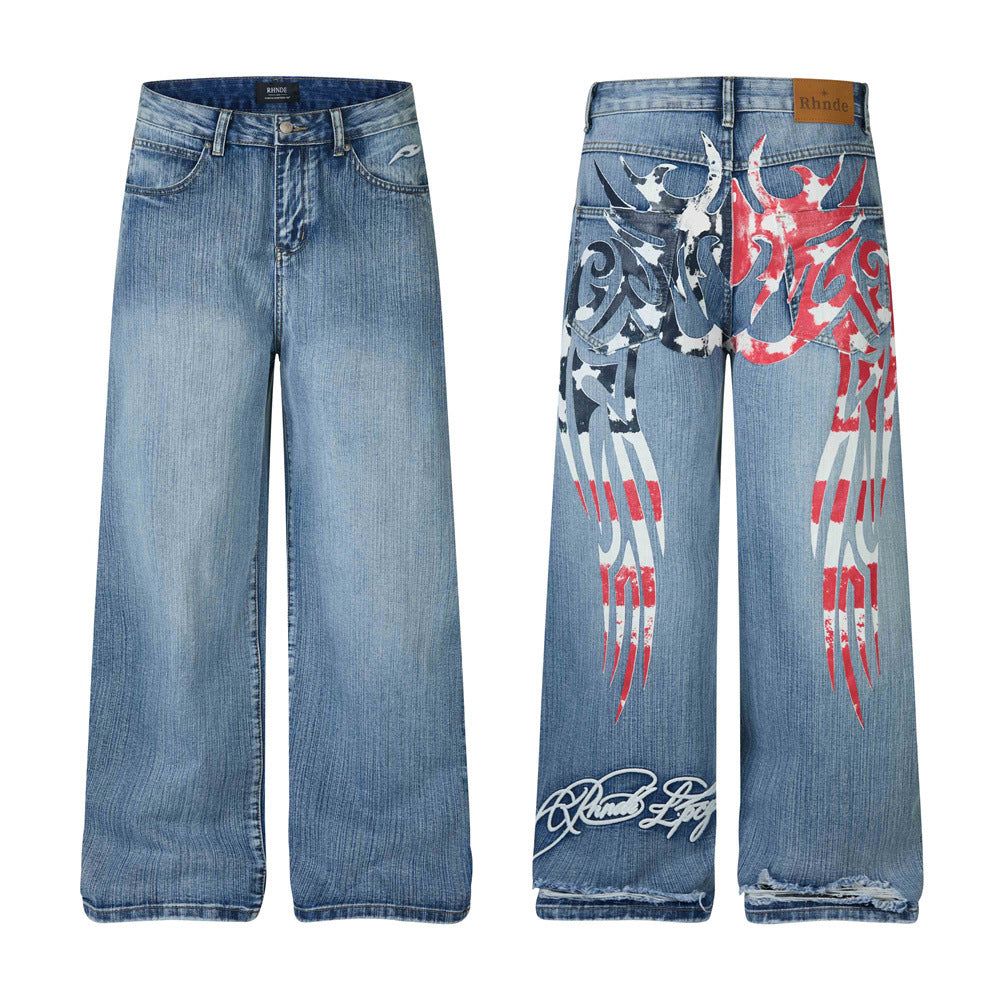 Wide-Leg Jeans Men's Washed Denim with Tribal Wing Graphic Print