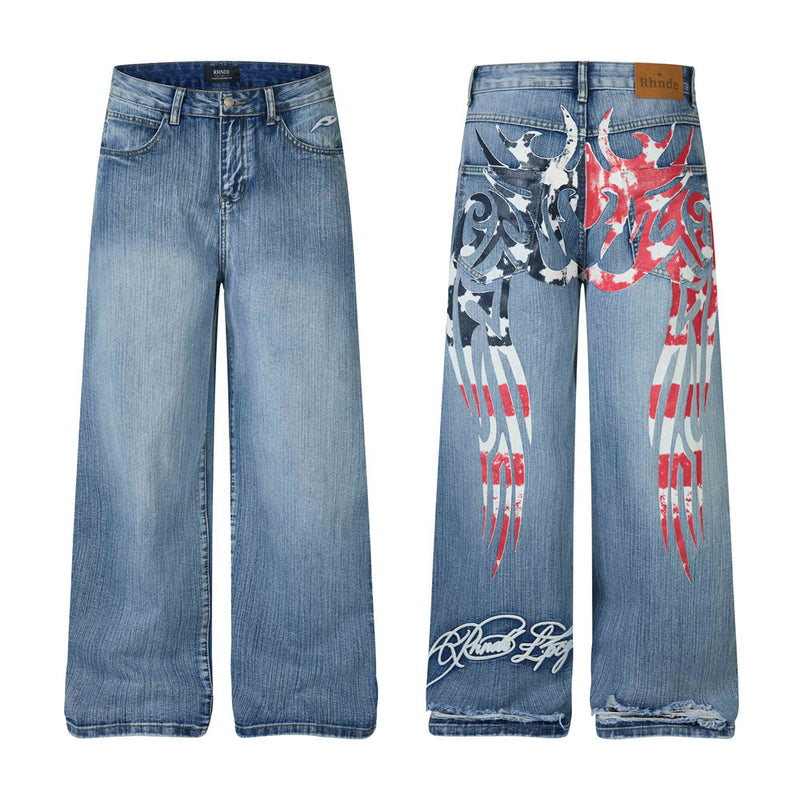 Wide-Leg Jeans Men's Washed Denim with Tribal Wing Graphic Print