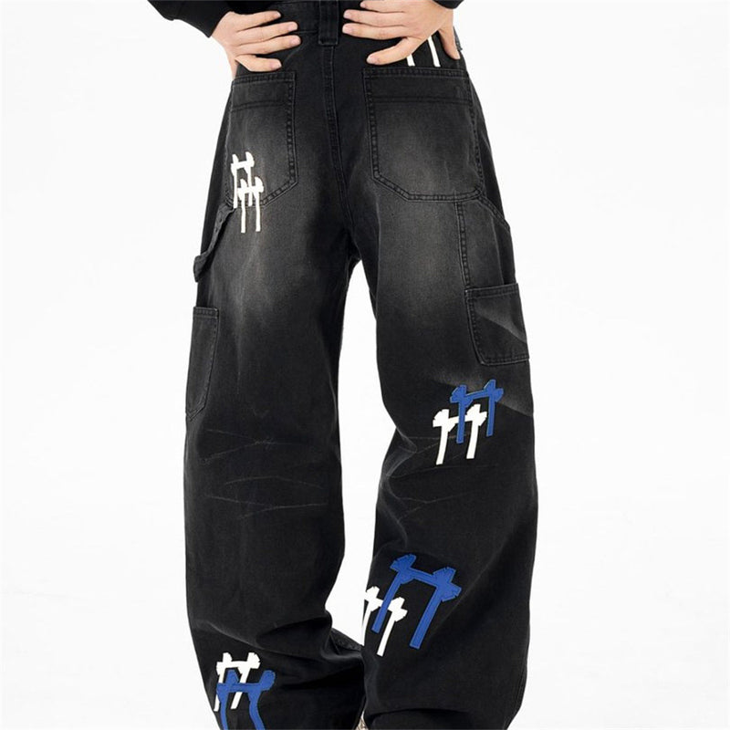 Black Washed Wide-Leg Cargo Jeans with Cross Embroidery Patches