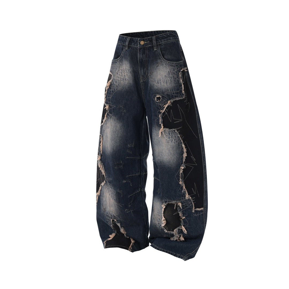 Distressed Patchwork Wide-Leg Jeans – Baggy Ripped Denim with Washed Finish