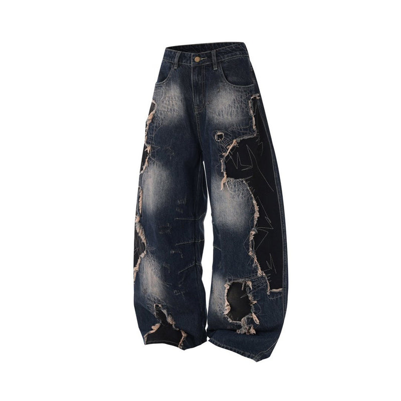 Distressed Patchwork Wide-Leg Jeans – Baggy Ripped Denim with Washed Finish