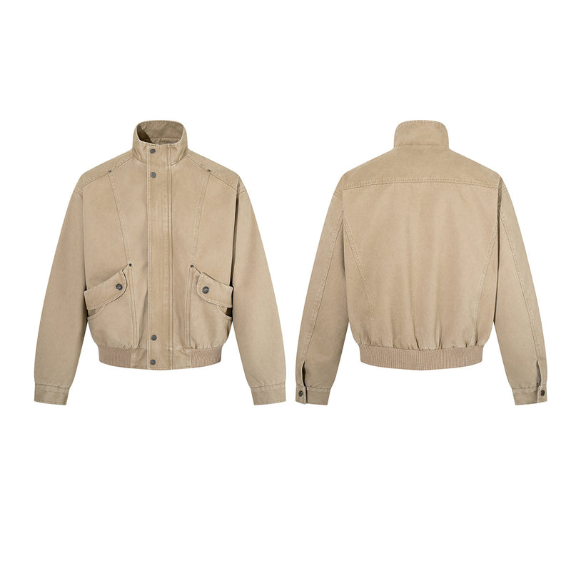 Blouson bomber kaki délavé – Col montant, boutons-pression et poches cargo