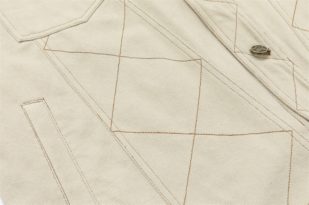 Cropped Denim Jacket – Diamond Stitch Workwear Design, Point Collar