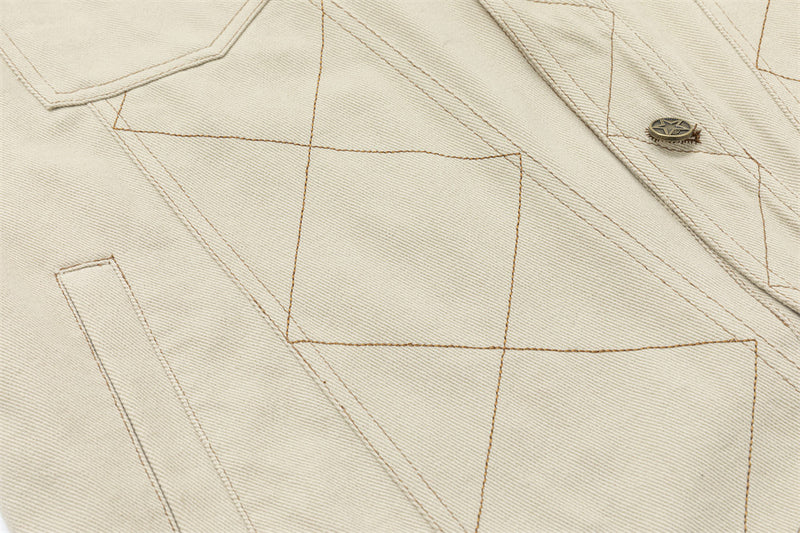 Cropped Denim Jacket – Diamond Stitch Workwear Design, Point Collar