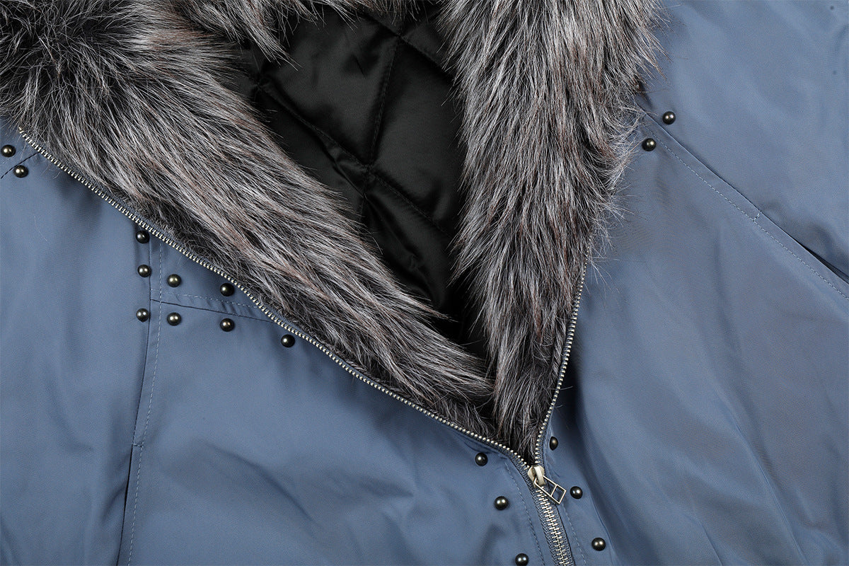 Studded Puffer Bomber Jacket with Faux Fur Hood
