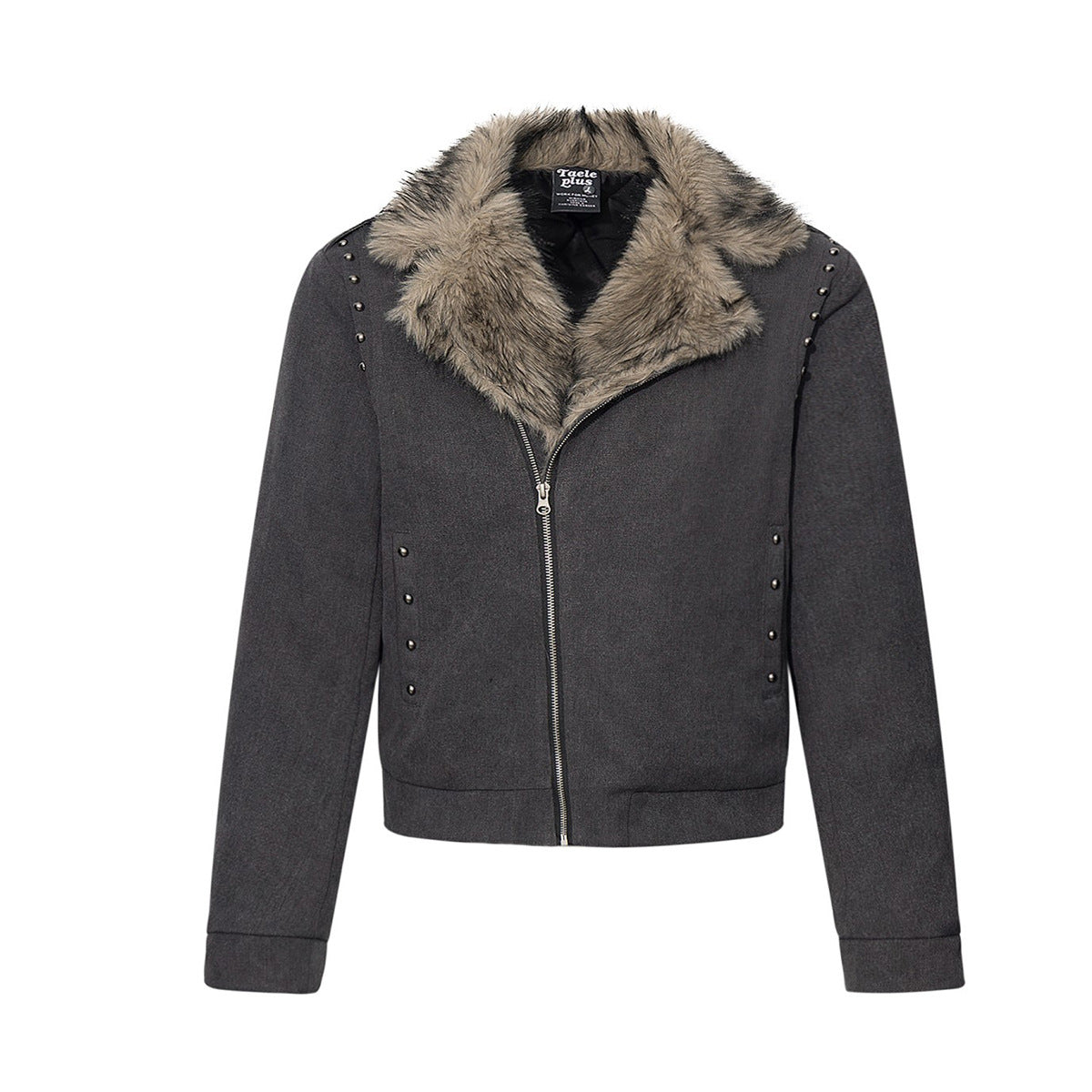 Men's Faux Fur Collar Studded Bomber Jacket – Charcoal Winter Coat