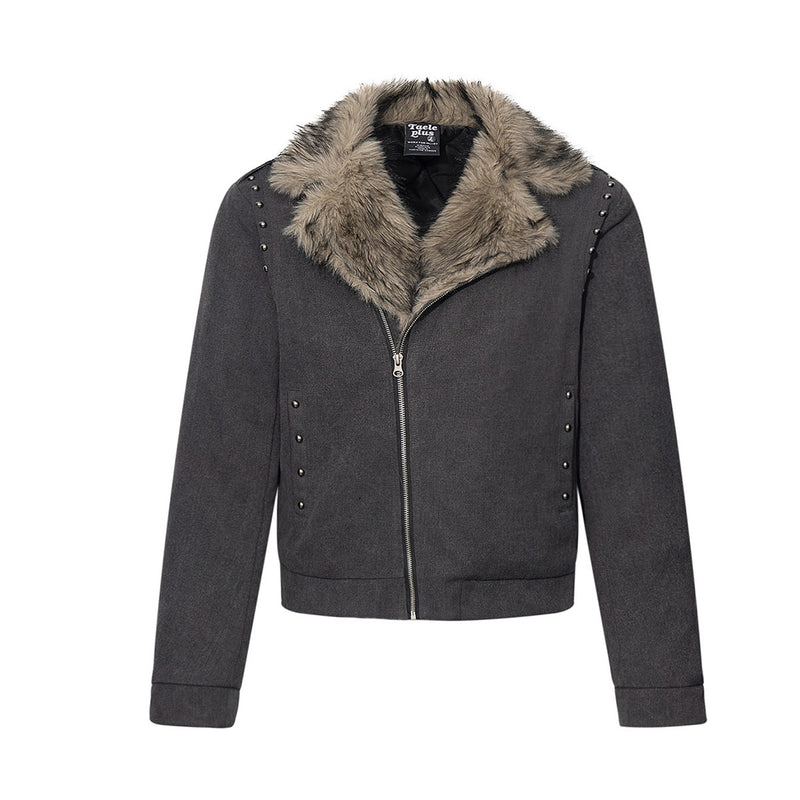 Men's Faux Fur Collar Studded Bomber Jacket – Charcoal Winter Coat