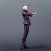 The 31 cm Jujutsu Kaisen Gojo Satoru WM PVC Figure captures Gojo in an action pose, featuring his white hair, black outfit, and arms extended amidst purple lightning-like energy—a tribute to his powerful Limitless Technique—set against a dark gray backdrop.