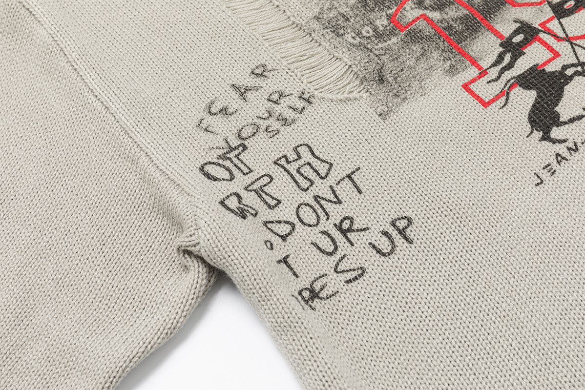 Pull à col rond graphique effet usé – Maille streetwear vintage américaine