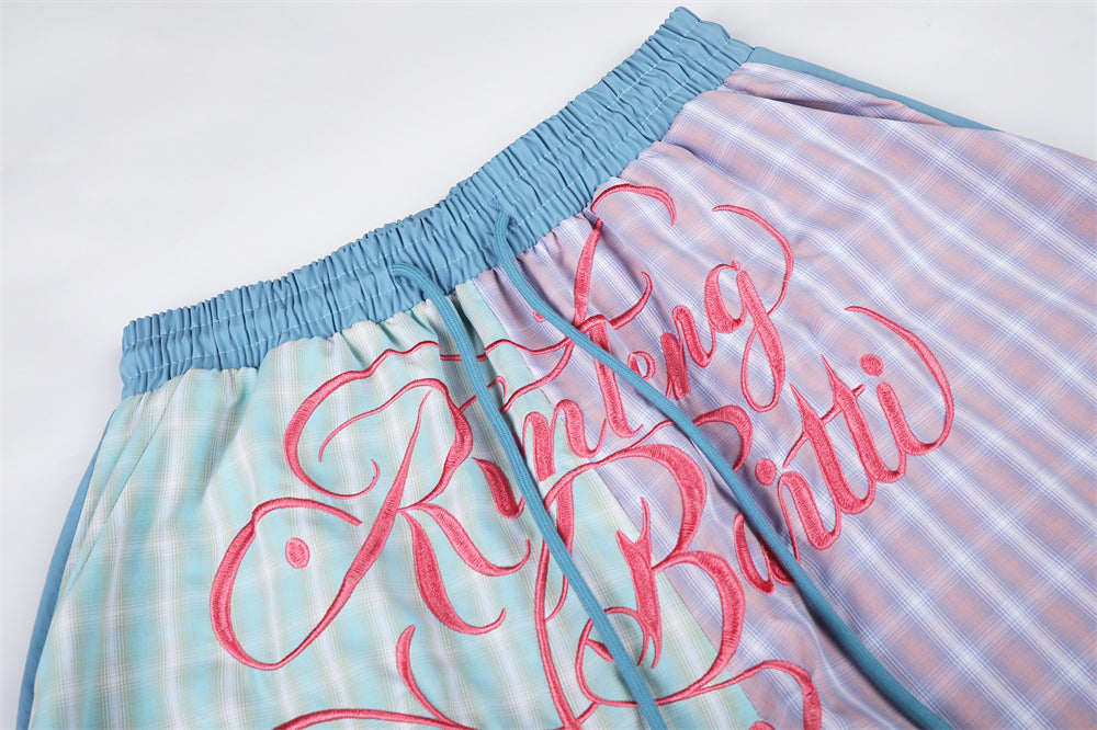 Colorblock Plaid Wide-Leg Parachute Pants with Script Embroidery