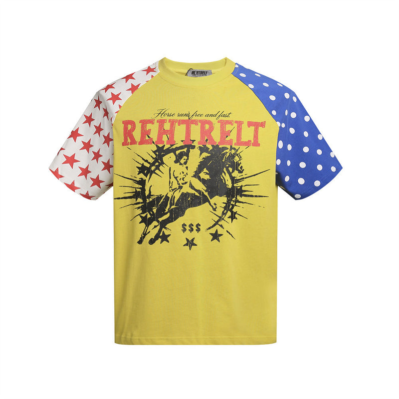 Horse Rider Graphic Colorblock Raglan T-Shirt – Stars & Dots Patchwork Sleeves