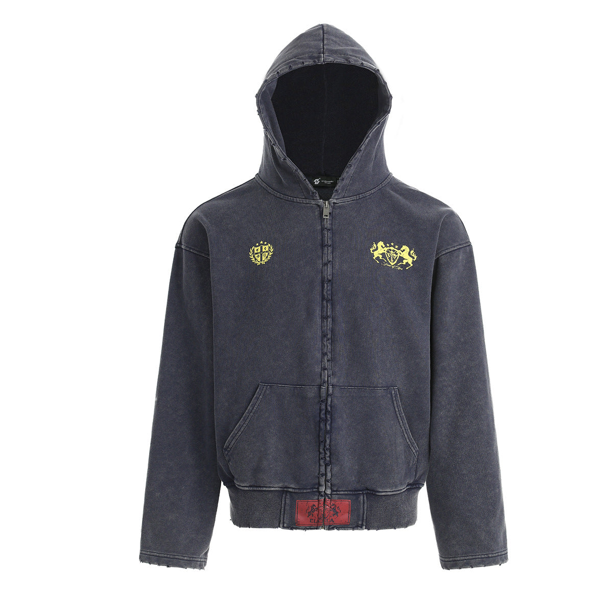 Acid wash zip-up cropped hoodie with yellow heraldic crest graphic on back, washed navy colorway, streetwear style