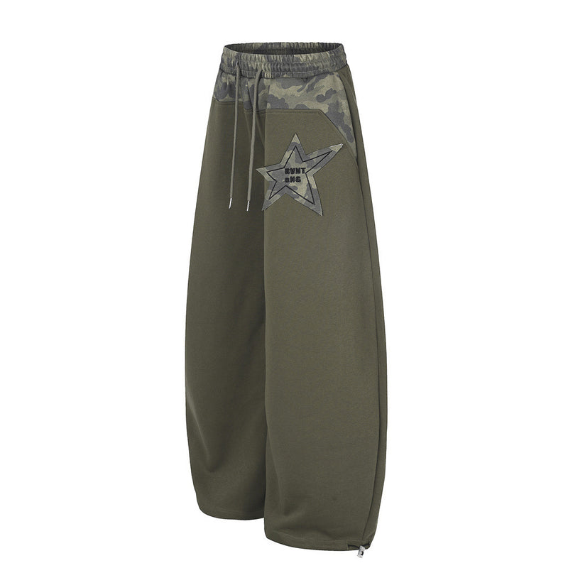Wide-Leg Sweatpants with Camo Waistband & Star Patch – Men's Oversized