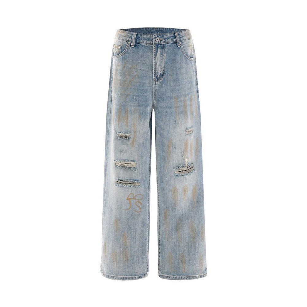 Ripped Wide-Leg Jeans – Men's Mud-Dye Distressed Straight Denim