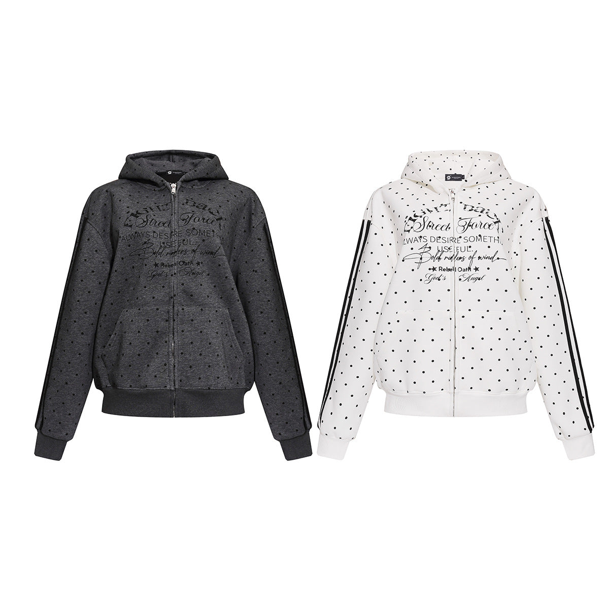 Punktierter Zip-Hoodie mit Street-Grafikprint und seitlichen Streifendetails