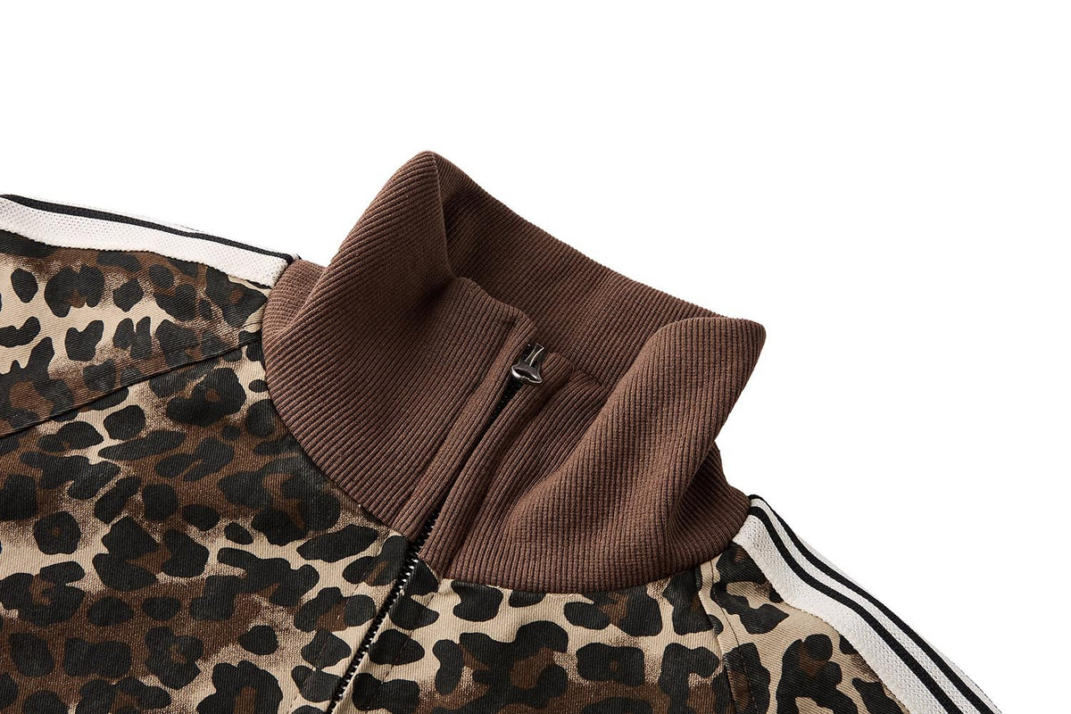 Leopard Print Track Jacket with Striped Sleeve Tape and Mock Neck Zip
